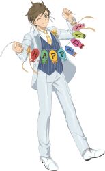  1boy artist_request blue_suit brown_hair closed_mouth coat earrings feather_earrings feathers flower formal_clothes full_body game_cg green_eyes highres holding jewelry looking_at_viewer necktie official_alternate_costume official_art one_eye_closed pants shoes short_hair smile solo sorey_(tales) sorey_(wedding)_(tales) standing suit tales_of_(series) tales_of_asteria tales_of_zestiria third-party_source transparent_background white_coat white_feathers white_pants white_shoes yellow_flower yellow_necktie 