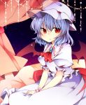  ascot bat_wings bed blue_hair curtains dress hat red_eyes remilia_scarlet short_hair sitting solo tama_(soon32281) touhou v_arms wings 