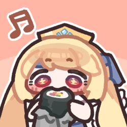  1girl blonde_hair blue_ribbon commentary_request eating erpin_(trickcal) food holding holding_food korean_commentary long_hair looking_at_viewer makizushi monyami musical_note outline pink_background red_eyes ribbon solo sushi tiara trickcal upper_body white_outline 