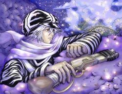 gauche_suede gloves gun looking_away male_focus outdoors pixiv_id_2127540 serious solo tegami_bachi uniform weapon