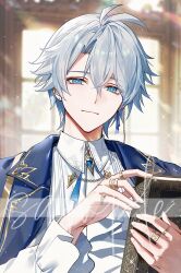  0jae 1boy antenna_hair blue_eyes blue_gem blue_jacket book frilled_shirt frills gem gold_ring hashtag-only_commentary highres holding holding_book honkai:_star_rail honkai_(series) jacket jacket_on_shoulders looking_at_viewer male_focus neck_tattoo parted_bangs phainon_(honkai:_star_rail) sample_watermark shirt short_hair solo sun_symbol sun_tattoo tattoo watermark white_hair white_shirt 