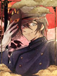  1boy black_jacket brown_hair closed_mouth commentary fox_mask fukushiro_hijiri gloves gold_buttons grey_eyes hair_between_eyes hat holding holding_mask jacket looking_at_viewer male_focus mask meitantei_conan military_hat military_jacket military_uniform sayaendou0426 short_hair smile solo untranslatable_commentary upper_body white_gloves 