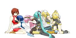  bare_shoulders blonde_hair boots bra breast_smother breasts brown_hair hair_ornament hair_ribbon hairclip hands_on_own_face hatsune_miku headphones headset highres hug hug_from_behind kagamine_len kagamine_rin kaito lingerie long_hair megurine_luka meiko multiple_boys multiple_girls nyakelap pink_hair ribbon short_hair skirt thigh-highs thighhighs twintails underwear very_long_hair vocaloid 