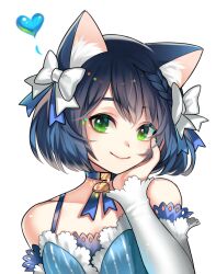  1boy animal_ear_fluff animal_ears bare_shoulders black_hair blue_camisole blue_choker blue_hair blue_ribbon bow braid camisole cat_boy cat_ears choker closed_mouth collarbone commentary commission crossdressing crossdressing_(mtf) english_commentary eyes_visible_through_hair frilled_shirt frilled_sleeves frills gradient_hair green_eyes green_nails hair_bow hand_on_own_cheek hand_on_own_face hand_up heart long_sleeves looking_at_viewer male_focus multicolored_hair nail_polish portrait ribbon ribbon_choker ryoune_yami shirt short_hair side_braid simple_background smile solo strapless strapless_shirt striped_clothes striped_shirt swept_bangs trap turning_head two-tone_hair two-tone_shirt ultracat utau vertical-striped_clothes vertical-striped_shirt white_background white_bow white_shirt white_sleeves 