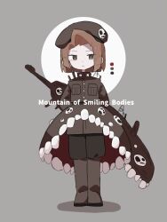  1other 890_si1kworm arms_behind_back beret black_hat black_pants boots brown_eyes brown_hair closed_mouth color_guide commentary_request dress e.g.o_(project_moon) employee_(project_moon) grey_background grey_boots grey_dress hat lobotomy_corporation nugget_(project_moon) other_focus pants project_moon short_hair simple_background smile_(e.g.o) sword sword_on_back v-shaped_eyebrows weapon weapon_on_back 