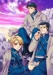  black_hair cigarette coat coat_over_shoulders dirty_face fairypink fullmetal_alchemist green_eyes gun jacket_on_shoulders maes_hughes military military_uniform riza_hawkeye roy_mustang rubble short_hair sky smile uniform weapon 