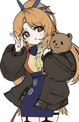  1girl :t absurdres aran_sweater arknights blue_skirt blush brown_eyes brown_jacket cable_knit cowboy_shot garter_straps hand_up hashtag-only_commentary highres holding holding_stuffed_toy jacket killizard long_hair one-hour_drawing_challenge open_clothes open_jacket orange_hair pinecone_(arknights) ponytail skirt solo stuffed_animal stuffed_toy sweater teddy_bear very_long_hair w yellow_sweater 