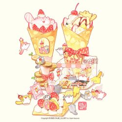  >_< +_+ animal banana banana_slice bow cherry chibi chibi_only chocolate_syrup commentary_request copyright_notice cream crepe display_case flying flying_squirrel food food_on_head fruit holding holding_food ice_cream korean_commentary korean_text leaf no_humans object_on_head original oversized_food oversized_object red_bow sign simple_background sparkle squirrel strawberry strawberry_slice talbi watermark white_background 