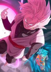  2boys aura black_pants black_shirt blue_eyes blue_hair blue_sash blue_shirt blue_wrist_cuffs boots dougi dragon_ball dragon_ball_super earrings explosion goku_black grey_eyes grey_tunic highres jewelry male_focus midair multiple_boys no10hei30 orange_pants orange_shirt pants parted_lips pink_hair potara_earrings red_sash sash shirt single_earring smirk solo_focus son_goku spiky_hair super_saiyan super_saiyan_blue super_saiyan_rose tunic white_boots wrist_cuffs 
