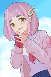  1girl arched_bangs blue_pants blue_sky brown_eyes cardigan clouds cloudy_sky collared_shirt commentary_request dutch_angle from_below gloves hair_ornament lacey_(pokemon) long_sleeves looking_at_viewer mizuiro123 neckerchief open_cardigan open_clothes pants pink_hair pokemon pokemon_sv purple_cardigan red_gloves red_neckerchief shirt single_glove sky smile steepled_fingers thick_eyebrows upper_body white_shirt 