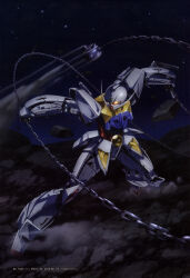  1990s_(style) absurdres artist_request battle chain debris desert dust_cloud glowing glowing_eyes gundam gundam_perfect_file highres lens_flare magazine_scan mecha mecha_focus mobile_suit night no_humans retro_artstyle robot rock scan science_fiction star_(sky) traditional_media turn_a_gundam turn_a_gundam_(mobile_suit) v-fin weapon yellow_eyes 