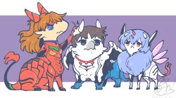  1boy 2girls :< animalization ayanami_rei black_eyes blue_eyes blue_hair bodysuit brown_hair commentary_request creature dragon dragon_horns dragon_tail dragon_wings forked_tail hand_on_another's_head highres horns ikari_shinji long_hair medium_hair multiple_girls neon_genesis_evangelion red_eyes short_hair signature simple_background souryuu_asuka_langley tail takatsuki_nato taur wings 