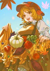  1girl aki_minoriko apple apron autumn_leaves blonde_hair breasts brown_skirt collared_shirt falling_leaves food food_request frilled_skirt frills fruit grape_hat_ornament grapes hat highres juliet_sleeves leaf long_sleeves medium_breasts mob_cap noriuma open_mouth orange_apron puffy_sleeves shirt skirt smile solo sweet_potato teeth touhou upper_teeth_only white_shirt 