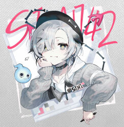  1girl absurdres black_hat cardigan grey_eyes grey_hair grey_sweater hand_on_own_face hat highres holding holding_pen hood hoodie looking_at_viewer open_cardigan open_clothes original pen portrait short_hair sidelocks solo soyoong_jun sweater virtual_youtuber white_hoodie 