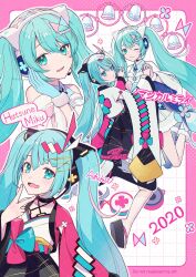  2girls ashika_(yftcc948) asymmetrical_legwear asymmetrical_sleeves bare_shoulders bell black_choker black_skirt black_thighhighs blue_bow blue_eyes blue_gloves blue_hair blue_pantyhose blush border bow character_name cherry_blossom_print choker collared_dress commentary_request copyright_name detached_sleeves dress drum dual_persona english_text floral_print flower frilled_skirt frills fur-trimmed_dress fur_trim furisode_sleeves gloves hair_between_eyes hair_bow hair_ornament hairclip handbell hatsune_miku headphones highres holding_hands instrument japanese_clothes kimono legs logo long_hair long_sleeves looking_at_viewer magical_mirai_(vocaloid) magical_mirai_miku magical_mirai_miku_(2020_summer) magical_mirai_miku_(2020_winter) miniskirt mismatched_sleeves multiple_girls multiple_views official_alternate_costume one_eye_closed open_mouth outside_border pantyhose parted_lips pink_border pink_bow pink_frills pink_sleeves pleated_skirt sandals sidelocks signature single_glove single_leg_pantyhose single_thighhigh skirt sleeveless sleeveless_dress smile snow_boots speaker speech_bubble striped_clothes striped_kimono striped_skirt thigh-highs thighs twintails two-tone_bow very_long_hair vocaloid waistband watermark white_background white_dress white_kimono white_sleeves white_wrist_cuffs wide_sleeves wrist_cuffs yukata 