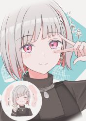  1girl ^_^ black_sweater blue_background chain chain_necklace chopsticks closed_eyes closed_mouth colored_inner_hair commentary_request earrings grey_hair highres holding holding_chopsticks iroha_(nami3) jewelry link!_like!_love_live! looking_at_viewer love_live! multicolored_hair multiple_views necklace red_hair red_streaks smile split_mouth star_(symbol) star_earrings streaked_hair sweater translation_request turtleneck turtleneck_sweater upper_body v v_over_eye virtual_youtuber yugiri_tsuzuri yugiri_tsuzuri_(post-graduation) 