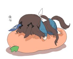  1girl admire_vega_(casual)_(umamusume) admire_vega_(umamusume) animal_ears brown_hair commentary_request ear_covers highres hitode_(ziburi) horse_ears horse_girl horse_tail long_hair long_sleeves lying official_alternate_costume on_stomach ponytail simple_background single_ear_cover solo sweater tail translation_request umamusume white_background 