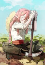  1boy :3 =_= absurdres adapted_costume androgynous animification ascot bishounen black_boots black_pants blue_sky boots braid closed_eyes closed_mouth crown_hair_ornament drooling gloves hair_between_eyes hair_ornament hat highres hoe holding_hoe humanization hypixel hypixel_skyblock indian_style leaf long_hair long_sidelocks long_sleeves male_focus minecraft_youtube outdoors pants pink_hair pointy_ears potato qu_le_hua_yuan_yuan_zhu_min shirt sidelocks single_braid sitting sky sleeves_rolled_up solo straw_hat technoblade unworn_headwear very_long_hair very_long_sidelocks white_ascot white_gloves white_shirt 