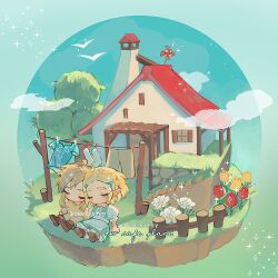  1boy 1girl aqua_dress aqua_tunic artist_name blush boots braid brown_boots califlair chibi chibi_only closed_eyes clothesline commentary crown_braid dress english_commentary flower hair_ornament hairclip house link medium_hair panties parted_bangs pinwheel princess_zelda red_flower red_tulip shirt short_hair sidelocks socks sparkle the_legend_of_zelda the_legend_of_zelda:_breath_of_the_wild thick_eyebrows tulip tunic underwear white_flower white_panties white_socks yellow_flower yellow_shirt yellow_tulip 