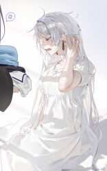  1girl absurdres anger_vein artist_name closed_eyes commentary_request earrings elf fern_(sousou_no_frieren) frieren full_body highres holding holding_unworn_clothes jewelry long_hair messy_hair morning open_mouth pointy_ears profile puffy_short_sleeves puffy_sleeves purple_hair scratching_head shadow short_sleeves sidelocks simple_background sitting soar_wle solo solo_focus sousou_no_frieren spoken_anger_vein unworn_clothes very_long_hair white_background 