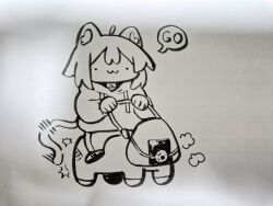  1girl :3 ahoge animal_ears cat_ears cat_girl cat_tail cocomayo29_(tomato) commentary english_text hair_between_eyes highres hololive hood hoodie long_sleeves nekomata_okayu nekomata_okayu_(1st_costume) onigirya_(nekomata_okayu) riding speech_bubble tail traditional_media untranslatable_commentary virtual_youtuber 