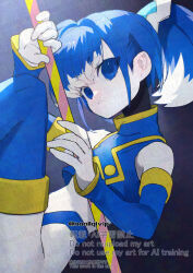  1girl armor blue_armor blue_eyes blue_hair fairy_leviathan_(mega_man) holding holding_polearm holding_weapon mega_man_(series) mega_man_zero_(series) missing_headwear multicolored_hair polearm solo streaked_hair twitter_username two-tone_hair watermark weapon white_hair yamanashi_taiki 