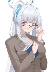  1girl absurdres blue_archive blunt_bangs blush book breasts brown_jacket brown_sweater glasses grey_hair halo hashtag-only_commentary headphones highres holding holding_book jacket lanhua227 large_breasts long_hair looking_at_viewer mechanical_halo noa_(blue_archive) ponytail smile solo sweater turtleneck turtleneck_sweater very_long_hair violet_eyes white_halo 