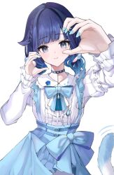  1girl blue_bow blue_dress blue_eyes blue_hair blue_nails blue_skirt blunt_bangs blush bow braid choker closed_mouth commentary_request detached_sleeves dress frills gradient_hair hair_flaps highres jewelry long_sleeves looking_at_viewer multicolored_hair puffy_sleeves ribbon run_ekakuyo shirt short_hair skirt smile tail tsumugi_kokage tsumugi_kokage_(2nd_costume) virtual_youtuber vspo! white_background white_shirt 