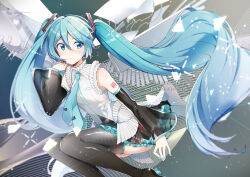  1girl agonasubi anniversary black_boots black_skirt black_sleeves blue_eyes blue_hair blue_necktie blush boots character_name closed_mouth commentary_request detached_sleeves double-parted_bangs feet_out_of_frame frilled_skirt frills hair_between_eyes hand_up hatsune_miku long_hair long_sleeves miniskirt necktie number_tattoo pleated_skirt shirt shoulder_tattoo skirt sleeveless sleeveless_shirt solo tattoo thigh_boots tie_clip twintails vocaloid white_shirt wide_sleeves 