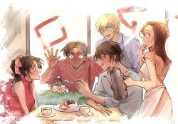  2girls 4boys against_glass amuro_tooru apron blonde_hair breasts brown_hair child closed_eyes collarbone commentary crossed_bangs cup dress edogawa_conan enomoto_azusa feeding food forked_eyebrows fukushiro_hijiri furrowed_brow glasses grey_apron grey_shirt hair_between_eyes hair_ribbon hand_to_own_mouth hattori_heiji highres long_hair looking_at_another medium_breasts meitantei_conan multiple_boys multiple_girls nervous_smile open_mouth parted_bangs pink_dress pink_ribbon purple_shirt red_shirt ribbon sayaendou0426 shirt short_hair sleeveless sleeveless_turtleneck smile sweatdrop t-shirt tan teacup tooyama_kazuha turtleneck untranslatable_commentary white_apron wide-eyed 