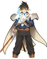  1boy artist_request belt belt_bag black_pants blue_shirt brown_belt brown_hair closed_mouth coat cowboy_shot earrings feather_earrings feathers fingerless_gloves game_cg gloves green_eyes highres holding holding_sword holding_weapon jewelry looking_at_viewer magic official_art orange_feathers pants sheath shirt short_hair solo sorey_(tales) standing sword tales_of_(series) tales_of_asteria tales_of_zestiria third-party_source transparent_background weapon white_coat white_gloves 