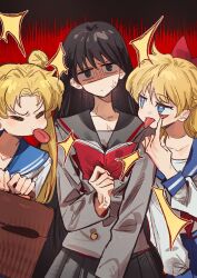 aino_minako anger_vein annoyed bishoujo_senshi_sailor_moon black_hair blonde_hair book bow commentary eyelid_pull hair_bow highres hino_rei holding holding_book making_faces sailor_mars sailor_moon sailor_venus school_uniform tongue tongue_out tsukino_usagi untranslatable_commentary yumi_xsh 