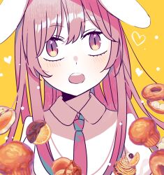  1girl :o animal_ears bagel berry breakfast check_food close-up commentary_request double-parted_bangs food food_request fruit heart highres light_blush long_sleeves muffin necktie open_mouth orange_(fruit) orange_slice pancake pancake_stack pink_hair pink_necktie rabbit_ears rabbit_girl reisen_udongein_inaba shirt simple_background solo teeth toraneko_2 touhou upper_teeth_only violet_eyes white_shirt wide-eyed yellow_background 