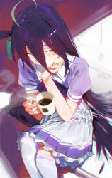  1girl ahoge animal_ears black_hair bow bowtie coffee coffee_mug commentary cup ear_tag earrings english_commentary hair_between_eyes head_rest highres holding holding_cup horse_ears horse_girl horse_tail jewelry long_bangs long_hair long_hair_between_eyes manhattan_cafe_(umamusume) mug multicolored_hair pleated_skirt puffy_short_sleeves puffy_sleeves purple_bow purple_bowtie purple_shirt raneblu sailor_collar sailor_shirt school_uniform shirt short_sleeves single_earring sitting skirt solo steaming_cup tail thigh-highs tracen_school_uniform umamusume very_long_hair white_hair white_sailor_collar white_skirt white_thighhighs yellow_eyes 