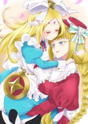  2girls blonde_hair blue_dress blue_eyes bow braid carrying carrying_person dress eye_contact hair_bow hat highres himajinnaponta long_hair looking_at_another mahou_shoujo_ni_akogarete morino_korisu multiple_girls nero_alice petals pink_eyes porkpie_hat roboko_(mahou_shoujo_ni_akogarete) simple_background smile very_long_hair 
