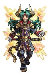  1boy ankle_boots ark_mateus black_boots black_coat black_pants boots coat demon feathered_wings forehead_jewel glowing glowing_wings gold_horns gold_tail gold_trim green_hair hand_eye hand_on_weapon harakawa_mitsuhiro long_hair looking_at_viewer multicolored_coat multiple_wings official_art pants pointy_ears purple_coat red_coat sheath sheathed shinrabanshou solo tail third-party_source transparent_background white_mouth wings yellow_eyes 