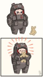  1girl ^_^ android armor bigmsaxon blue_eyes chibi chibi_only closed_eyes commentary covered_mouth english_commentary helmet highres holding holding_stuffed_toy mynah_(signalis) power_armor red_pupils sequential signalis simple_background standing stuffed_animal stuffed_toy teddy_bear white_background 