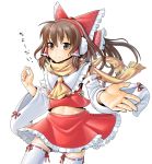  aosode ascot brown_eyes brown_hair detached_sleeves earmuffs hair_tubes hakurei_reimu hands long_hair looking_at_viewer midriff miko navel outstretched_hand payot scarf skirt smile solo thigh-highs thighhighs touhou white_background white_legwear 