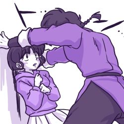  1girl black_hair braid hood hoodie kabedon lowres monochrome open_mouth purple_hoodie ranma_1/2 saotome_ranma short_hair single_braid skirt tendou_akane wanta_(futoshi) white_skirt 