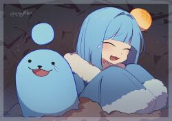  1girl blue_hair blunt_bangs blush bob_cut border closed_eyes commentary_request creature_and_personification dirt fur_trim hanaon head_bump highres long_sleeves open_mouth paper_mario paper_mario:_the_thousand-year_door partially_buried personification short_hair sleeves_past_fingers sleeves_past_wrists solid_circle_eyes super_mario_bros. teardrop whacka 