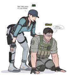  1boy 1girl beard beard_stubble bulletproof_vest chris_redfield commentary english_commentary facial_hair gun jill_valentine muscular muscular_male resident_evil resident_evil_5 sardine_(kjr0313) stubble weapon 