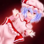  blue_hair blush dutch_angle fang fangs hat highres naughty_face red_eyes remilia_scarlet short_hair simple_background smile solo touhou untying watarui wrist_cuffs 