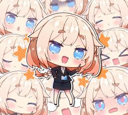  >_< 1girl :3 :d ^_^ black_jacket black_shoes black_skirt blank_eyes blonde_hair blush braid cevio chibi closed_eyes closed_mouth collared_shirt commentary_request dress_shirt empty_eyes fang hand_on_own_hip heart heart-shaped_pupils highres holding jacket lanyard long_hair long_sleeves milkpanda multiple_views nose_blush one_(cevio) parted_lips pencil_skirt shaded_face shirt shoes short_eyebrows single_braid skirt sleeves_past_wrists smile star_(symbol) symbol-shaped_pupils thick_eyebrows v-shaped_eyes very_long_hair white_shirt 