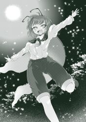  0-den 1girl :d absurdres antennae breasts bright_pupils buttons cape collared_shirt commentary_request foliage foot_out_of_frame full_moon highres juliet_sleeves knees leg_up light_blush long_sleeves monochrome moon neckerchief open_mouth outstretched_arms outstretched_hand puffy_sleeves shirt short_hair shorts sky small_breasts smile solo star_(sky) starry_sky teeth touhou upper_teeth_only white_pupils wriggle_nightbug 