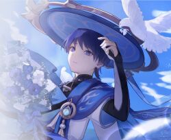  1boy anemo_symbol_(genshin_impact) animal_on_shoulder armor belt bird bird_on_shoulder black_belt black_bodysuit black_bow blue_cape blue_flower blue_gem blue_hat blue_jingasa blue_kimono blue_sky blue_sleeves blunt_ends bodysuit bouquet bow cape choppy_bangs clouds cloudy_sky dove dutch_angle eyelashes eyeliner feathers flower gem genshin_impact gold gold_ring hand_up hat highres holding holding_bouquet japanese_armor japanese_clothes jingasa juban kimono kote kurokote layered_sleeves leaf lens_flare looking_up makeup male_focus mandala mandarin_collar middle_ring open_clothes open_kimono outdoors parted_lips pom_pom_(clothes) portrait purple_flower purple_hair purple_rope purple_sash rainyu_01 red_eyeliner rope sash scaramouche_(genshin_impact) short_sleeves side_cape sky solo violet_eyes vision_(genshin_impact) wanderer_(genshin_impact) white_bird white_flower white_kimono white_mouth white_sleeves white_trim yellow_feathers 