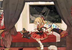  1girl ascot bed blanket blonde_hair bow canopy_bed clothes_hanger commentary drawer dress fingernails flandre_scarlet hair_bow hat hawikara highres indoors on_bed one_side_up open_mouth painting_(object) pillow puffy_short_sleeves puffy_sleeves red_dress red_nails sharp_fingernails short_sleeves single_wrist_cuff sitting smile socks solo stuffed_animal stuffed_toy teddy_bear touhou untranslatable_commentary unworn_clothes unworn_hat unworn_headwear white_socks wings wrist_cuffs yellow_ascot 