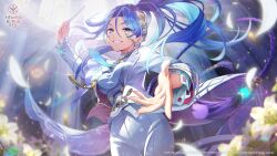  1girl :d arm_up blue_eyes blue_hair blue_necktie blurry blurry_background braid conductor conductor_baton cowboy_shot depth_of_field eyelashes falling_petals floating_clothes floating_hair flower foreshortening grin hair_behind_ear hair_ornament hanamura_shiki hanamura_shiki_(radiant_cantabile) heaven_burns_red highres holding_baton indoors jacket leaf_hair_ornament lens_flare light_particles long_hair long_sleeves looking_at_viewer necktie official_alternate_costume official_alternate_hairstyle official_art official_wallpaper open_clothes open_jacket pants petals ponytail ponytail_with_braided_base reaching reaching_towards_viewer single_sidelock smile solo suit sweat thick_eyebrows white_jacket white_pants white_suit yellow_flower 