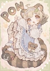  1girl ahoge animal_ears blue_dress blue_eyes brown_hair dress frilled_dress frills full_body highres leaf leaf_on_head long_sleeves looking_at_viewer open_mouth original paw_print paw_shoes puffy_long_sleeves puffy_sleeves raccoon_ears raccoon_girl raccoon_tail rucha_(dokkanhanabi) short_hair sitting solo striped_tail tail 