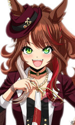 1girl absurdres animal_ears black_shirt bracelet braid breasts brown_hair choker color_neko_(user_yfvc3323) commentary_request ears_through_headwear fang fedora forever_young_(umamusume) green_choker green_eyes hat highres holding holding_removed_eyewear horse_ears horse_girl jacket jewelry long_hair looking_at_viewer multicolored_hair necktie open_mouth red-tinted_eyewear red_jacket red_streaks shirt simple_background smile solo streaked_hair sunglasses teeth tinted_eyewear umamusume unworn_eyewear upper_body upper_teeth_only white_necktie white_streaks 