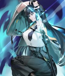  1girl animal_ear_fluff animal_ears aqua_jacket arm_out_of_sleeve black_necktie black_skirt blue_background blunt_bangs comically_large_ears commission fingerless_gloves fox_ears fox_girl gauntlets gloves green_jacket headband high-waist_skirt highres holding holding_sword holding_weapon hoshimi_miyabi jacket katana mihoyo necktie paid_reward_available red_eyes ring_hair_ornament sebakanken sheath shirt single_fingerless_glove single_gauntlet skirt solo sword unsheathing weapon white_shirt yellow_headband zenless_zone_zero 